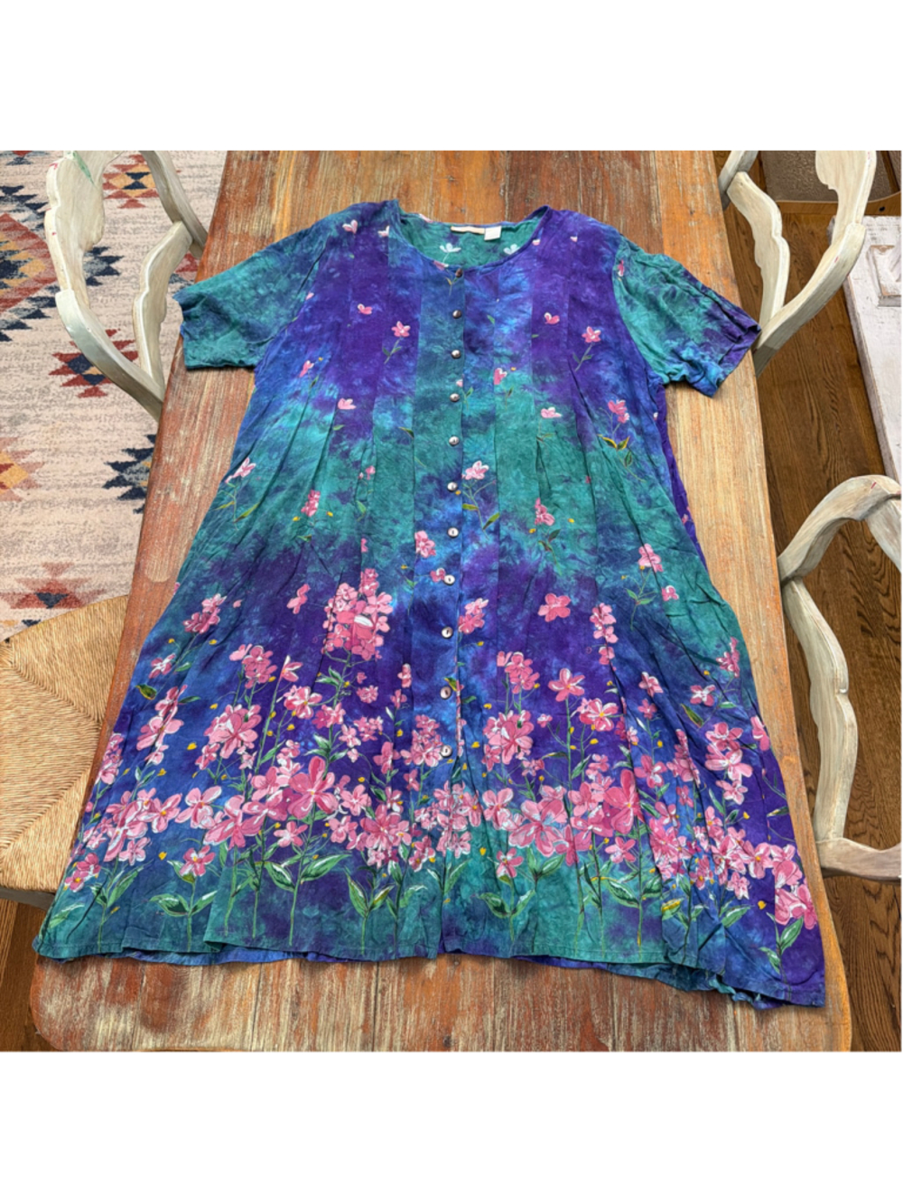 La Cera Vintage 3X Floral Batik Tie Dye Button Front Dress Pockets Rayon Midi